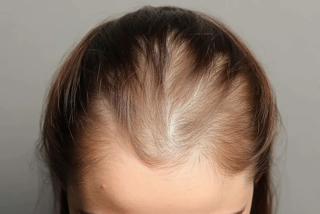 Chevelure clairsemée, signe possible de perte de cheveux carence. Le cuir chevelu est visible par endroits.